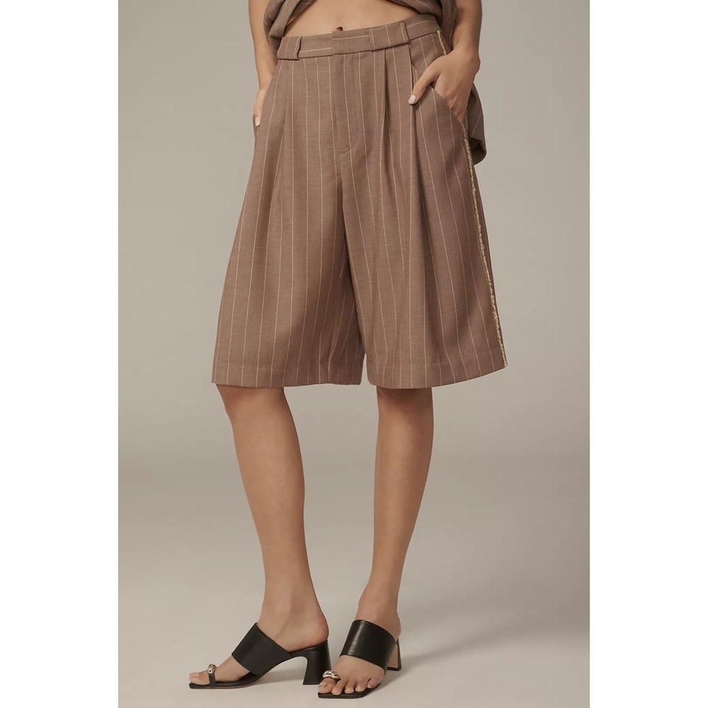 Anthropologie Maeve Pinstripe Trouser Shorts Womens Sz 2 Brown Pleated Tailored